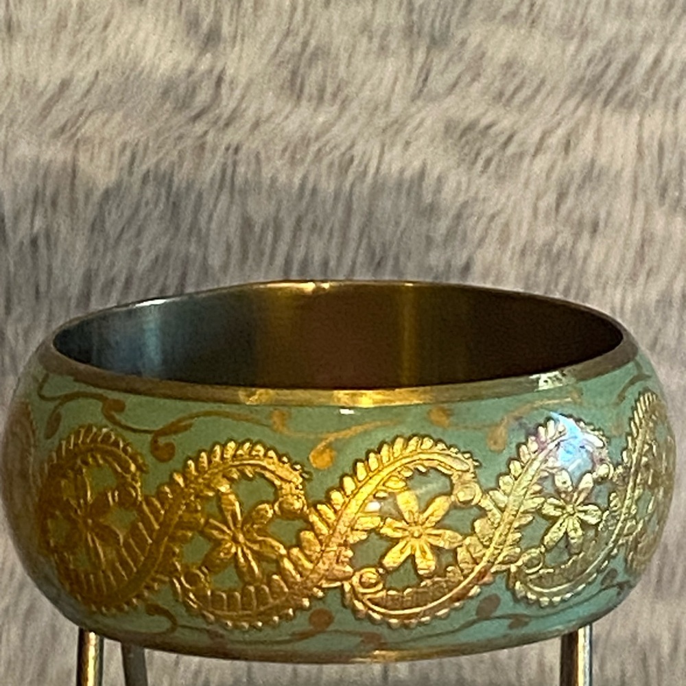 Seafoam Green & Gold Enamel Ornate Floral Wide Chunky Brass Bangle Bracelet 8"